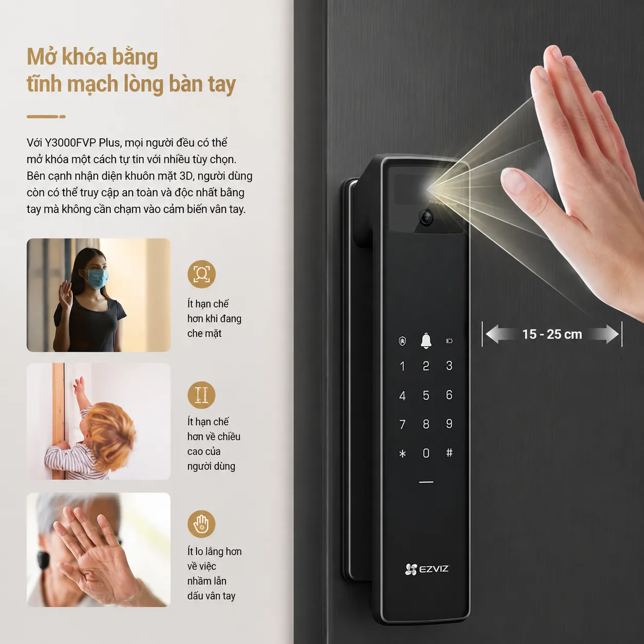 Khóa cửa thông minh EZVIZ Y3000FVP Plus, nhận diện Face ID, tĩnh mạch lòng bàn tay 7